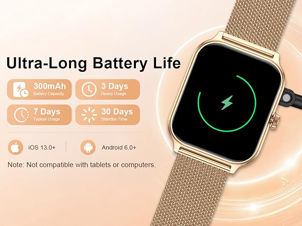 Text reads 'Ultra-Long Battery Life' with battery duration indicators showing 7, 14, 21, and 30 days. Gold mesh band smartwatch with green charging display.