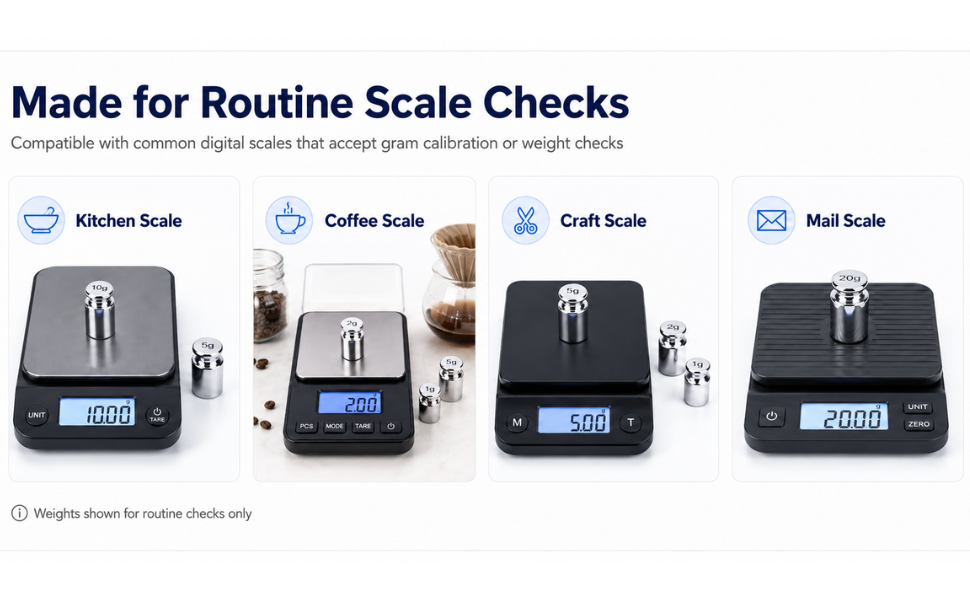 Calibration weights for kitchen scale, coffee scale, craft scale, and mail scale checks
