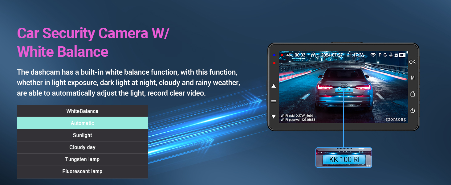 Car dashboard camera display showing rear-view recording of a blue vehicle at night with interface elements and menu options visible.