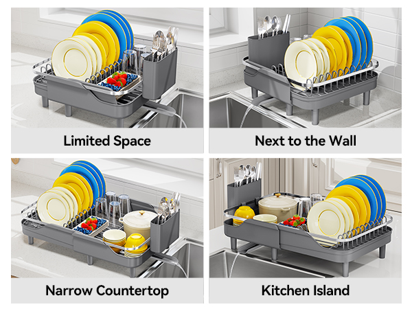 Dish rack with blue and yellow design shown in four placement options: Limited Space, Next to the Wall, Narrow Countertop, and Kitchen Island. Gray plastic rack displays plates, cups, and utensils in various configurations.
