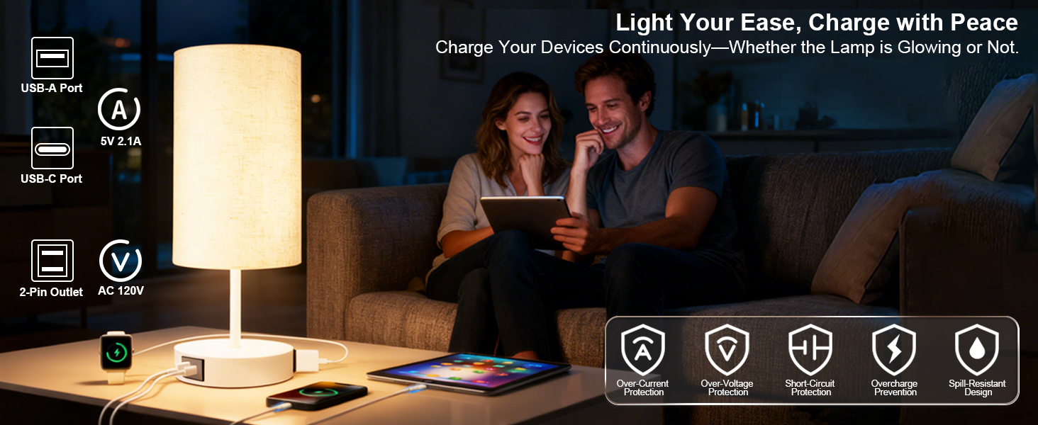 white bedside lamps with charging ports for safe charger