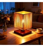 Rattan Table Lamp, Boho Bedside Lamp Vintage Wooden Nightstand Nightlight, Rustic Bamboo Woven En...