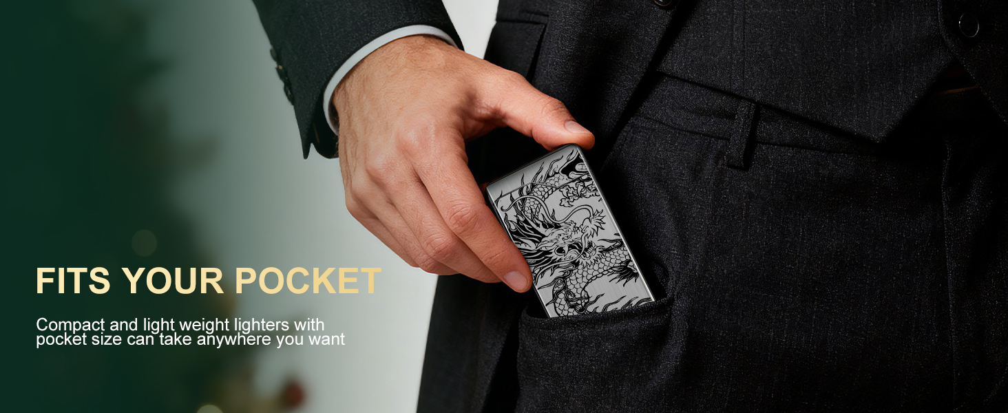 Text reads 'FITS YOUR POCKET' and 'pocket size can't am on your pocket'. Dark promotional images showing a compact product being handled.