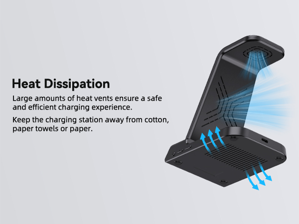 Text reads 'Heat Dissipation' and 'Keep the charging station away from cotton, paper towels or paper'. Technical diagram showing airflow through electronic device.