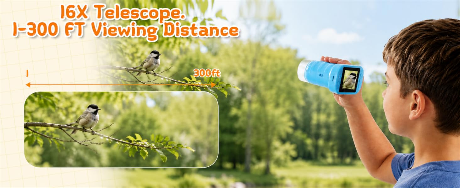 16X Telescope. 1–300 FT Viewing Distance
