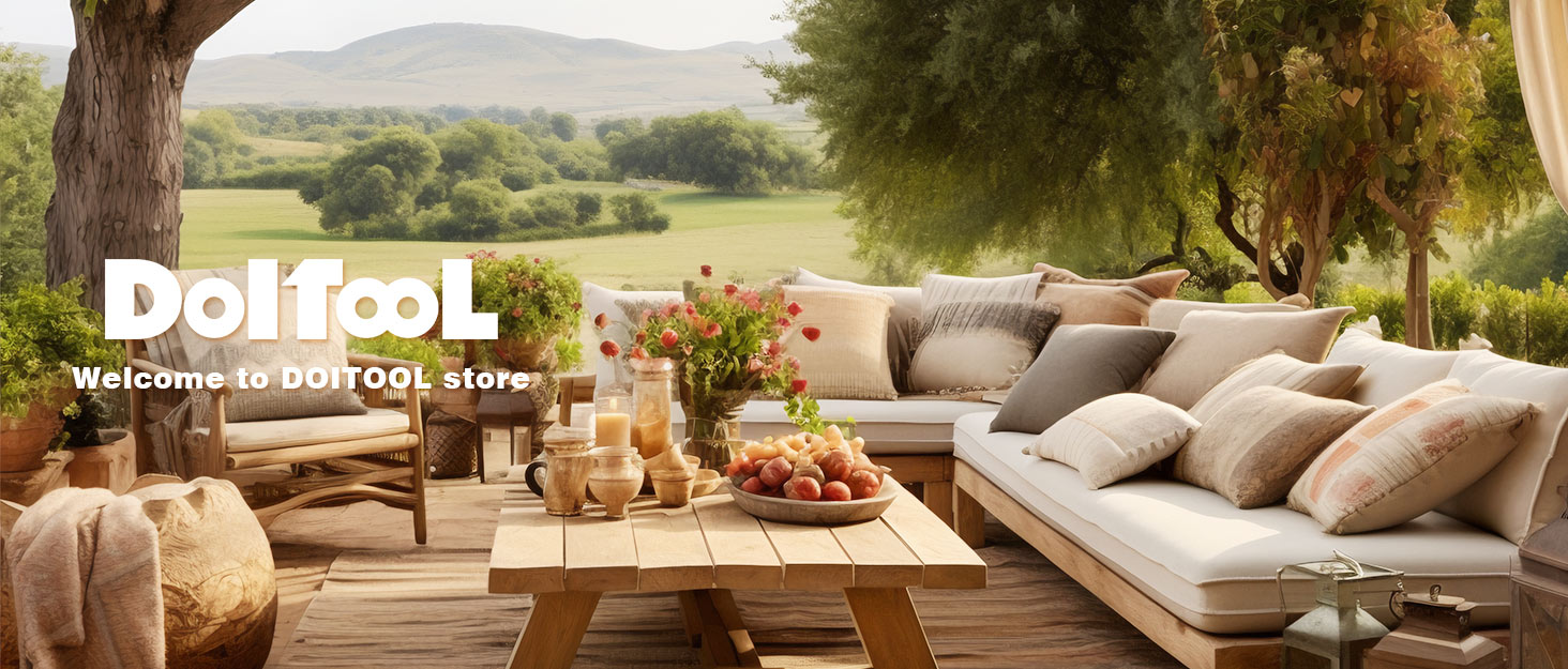 Outdoor patio set with beige cushioned sofa, wooden coffee table, and decorative items. Scenic countryside view in background. DolfooL store logo visible.