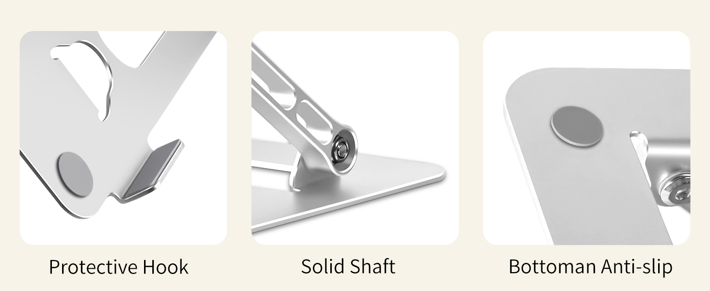 Laptop holder features anti-slip pads, protective hooks and durable metal support arms