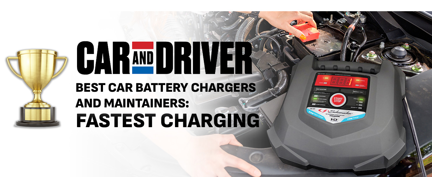 Schumacher car battery charger awarded fastest charging by Car and Driver magazine