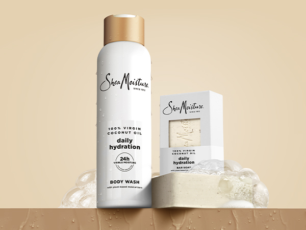A collection shot of the 100% Virgin Coconut Oil Body Wash and Bar Soap on a beige background