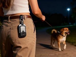 Remote on a belt keychain for hands-free access while walking your dog.