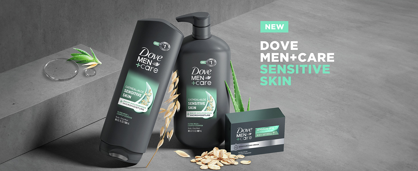 Dove Men+Care Sensitive Skin products with oats, aloe leaves and droplets on a gray backdrop.