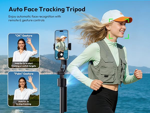 Text reads 'Auto Face Tracking Tripod'. Product demonstration showing tripod device automatically tracking and following subject movement across multiple frames.