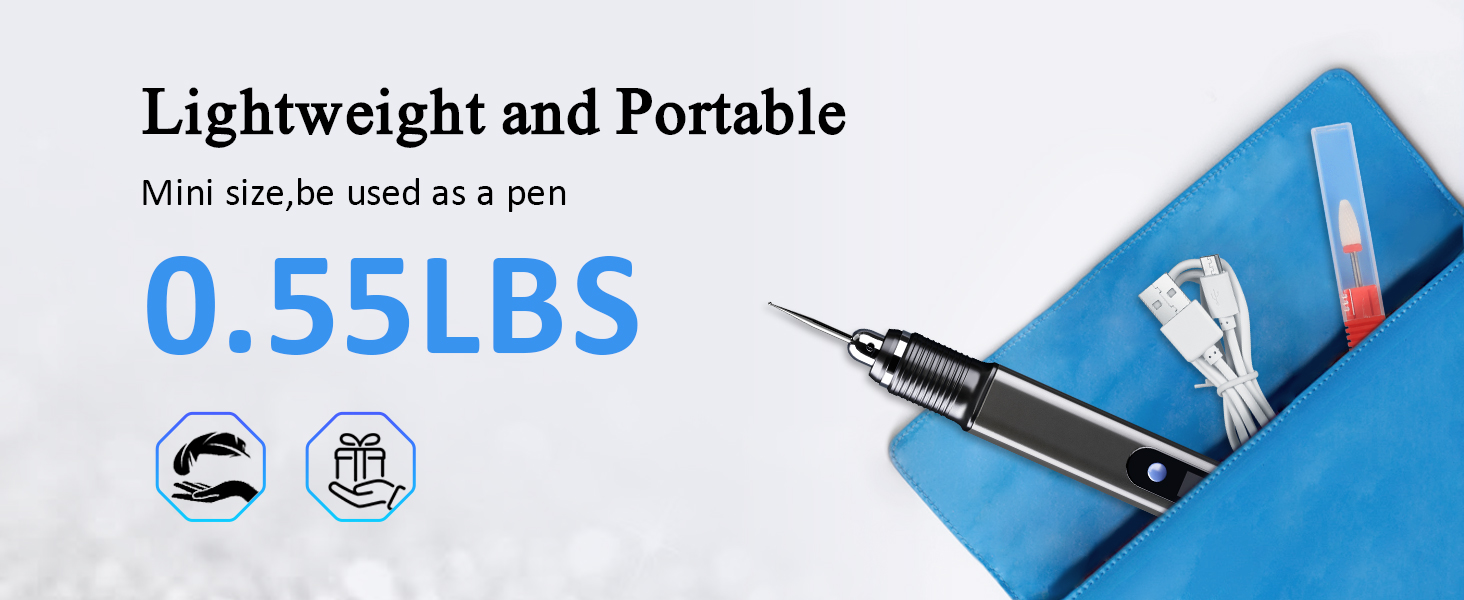 Lightweight portable device weighing 0.55 LBS. Black pen-like tool with metal tip shown on blue surface. Icons indicate compact size and portability.