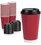 [50 Pack] Disposable Coffee Cups with Lids - 16 oz Dark Red Double Wall Ripple Sleeves Insulated ...