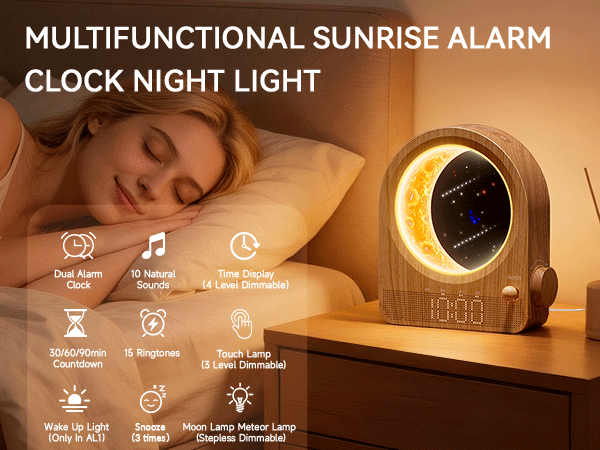 Text reads: 'MULTIFUNCTIONAL SUNRISE ALARM CLOCK NIGHT LIGHT'. Warm-toned product images showing alarm clock with sunrise simulation feature and interface icons.