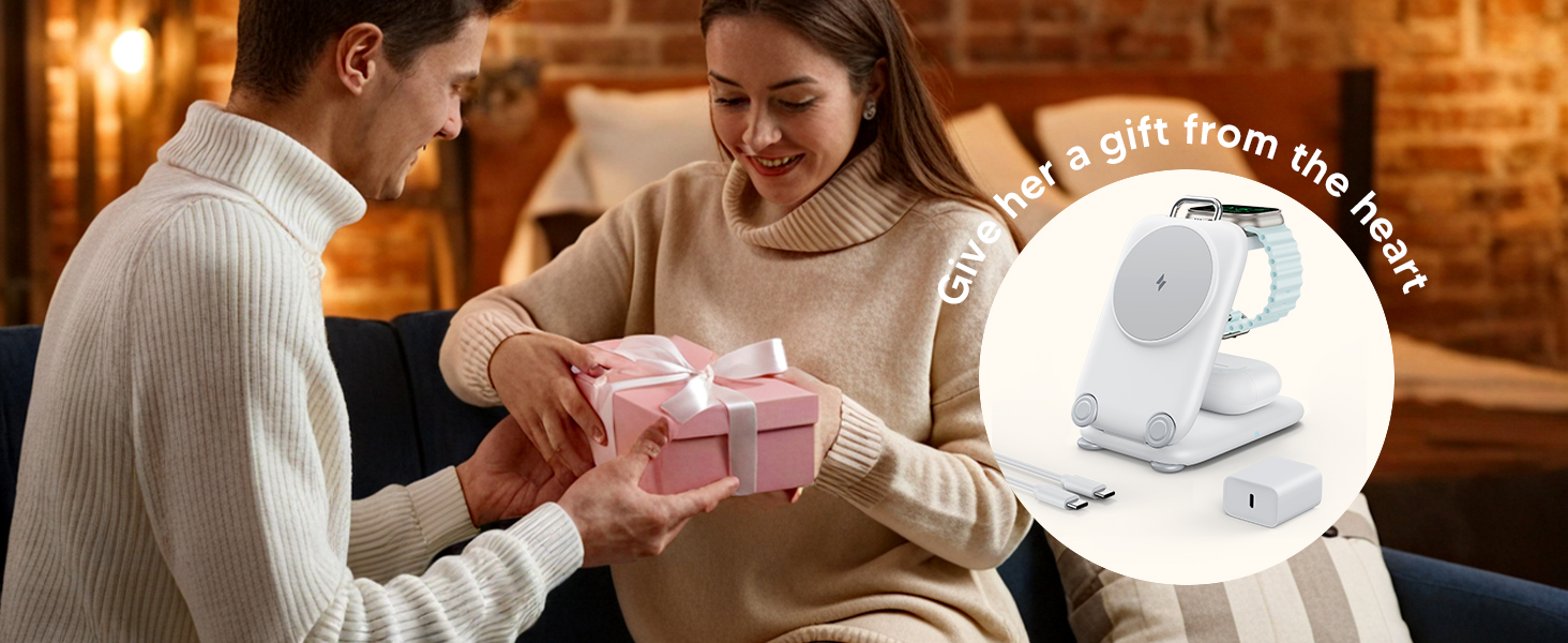 Cozy indoor scene with gift exchange, featuring circular inset of a white electronic device. Warm lighting and comfortable setting suggest holiday or celebration context.