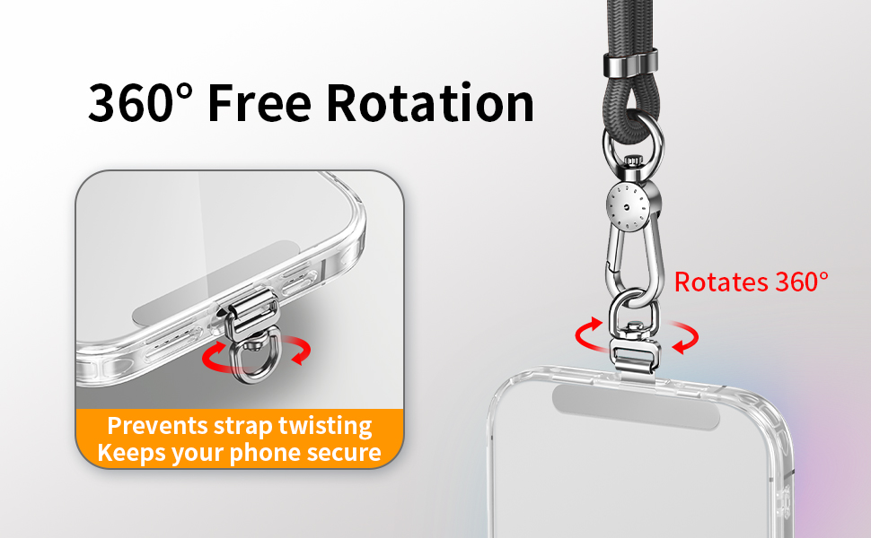360° free-rotation phone tether tab: Prevents strap twists, secures your phone
