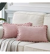 Fancy Homi Pack of 2 Boho Rectangle Decorative Throw Pillow Covers with Pom-poms, Soft Corduroy A...
