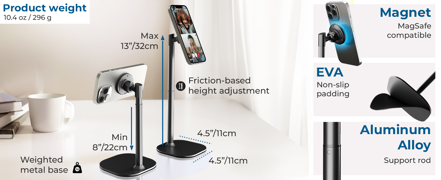 Adjustable phone stand with specifications showing height range 45-71cm, magnetic mount, and aluminum alloy construction with weighted base.