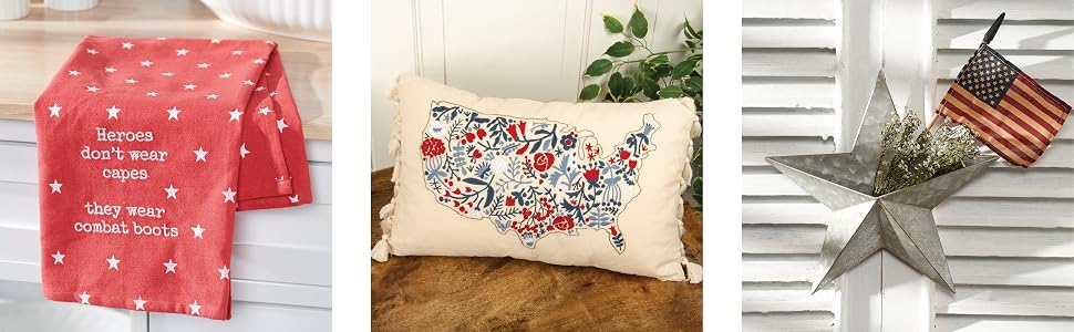 Patriotic towels and USA map pillow, and star wall pocket.