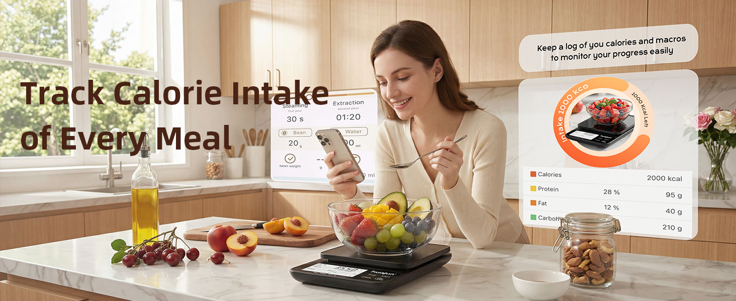 Text reads 'Track Calorie Intake of Every Meal'. Woman in kitchen preparing food with visible display screen showing meal tracking interface and nutritional information visualization in background.