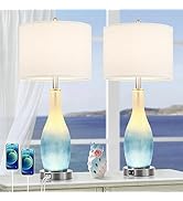 BesLowe 26in Tall Glass Table Lamps Set of 2 with 2 USB Charging Ports &amp; LED Nightlight, Large Co...