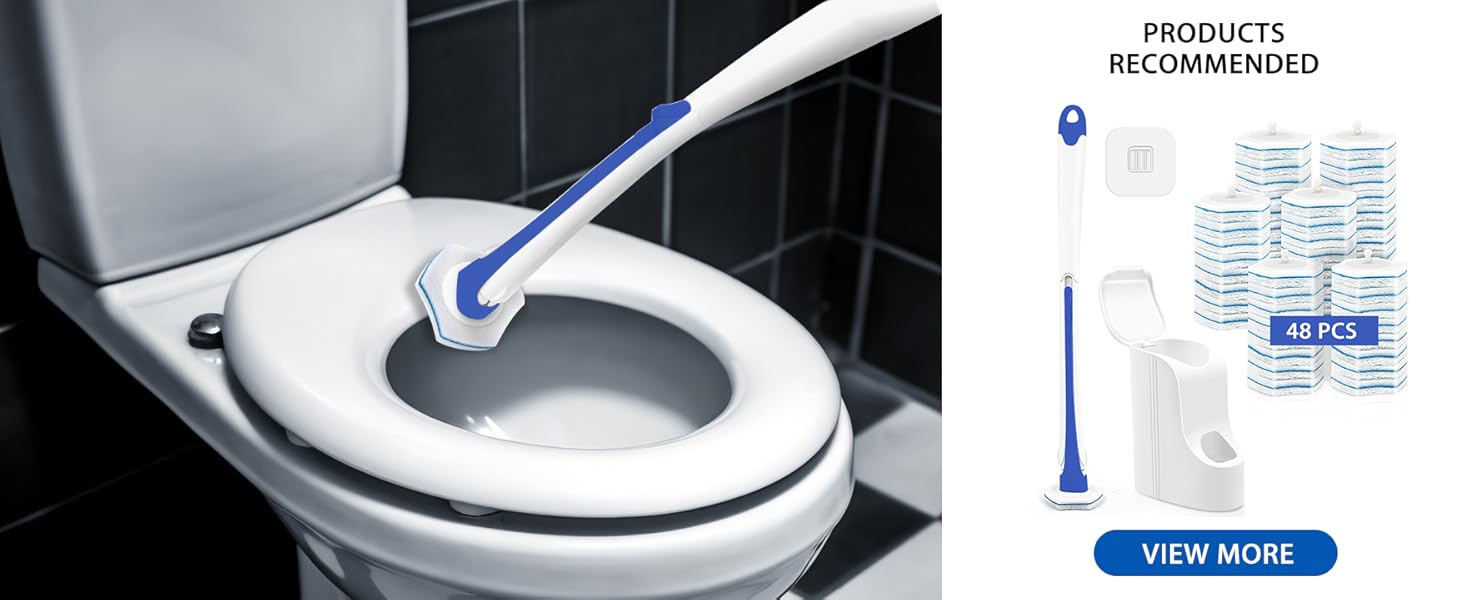 Toilet cleaning device demonstration showing white wand applicator touching toilet rim, with product recommendations panel on right.