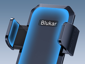 Blue and black smartphone car mount with adjustable grip arms and Blukar branding visible on the blue surface.