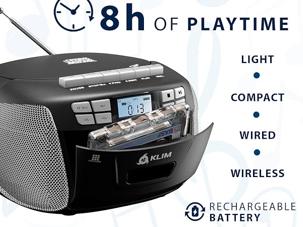 Text reads '8h OF PLAYTIME', 'LIGHT', 'COMPACT', 'WIRED', 'WIRELESS', 'RECHARGEABLE BATTERY'. Black electronic device shown from multiple angles.