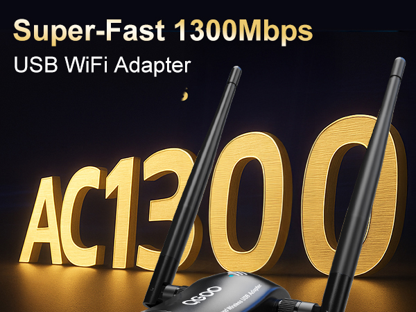 WiFi Adapter for Desktop PC Wireless 1300Mbps USB Network Dongle with 5dBi High Gain Dual Antennas