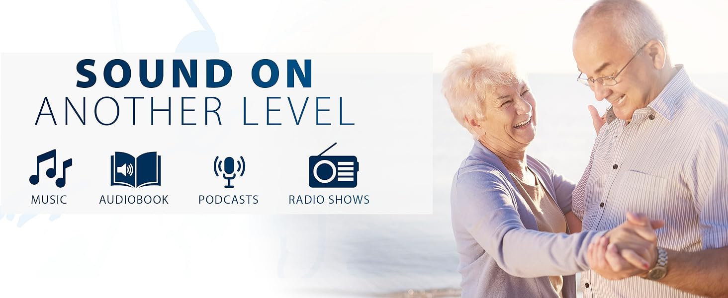 Text reads 'SOUND ON ANOTHER LEVEL'. Marketing image showing two people sharing an audio experience, with multiple device icons below.