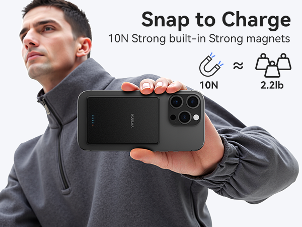 Magnetic smartphone battery pack with 10N strong magnets, weighing 2.2lb. Shown attached to back of phone, demonstrating snap-to-charge functionality.