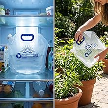 Collapsible water bags in refrigerator and watering plants