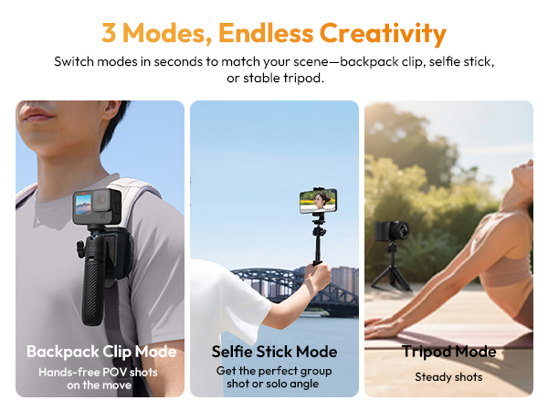 ULANZI MT88 ClipMate Camera Tripod, Selfie Stick w Velcro Strap &amp; Action Camera Adapter
