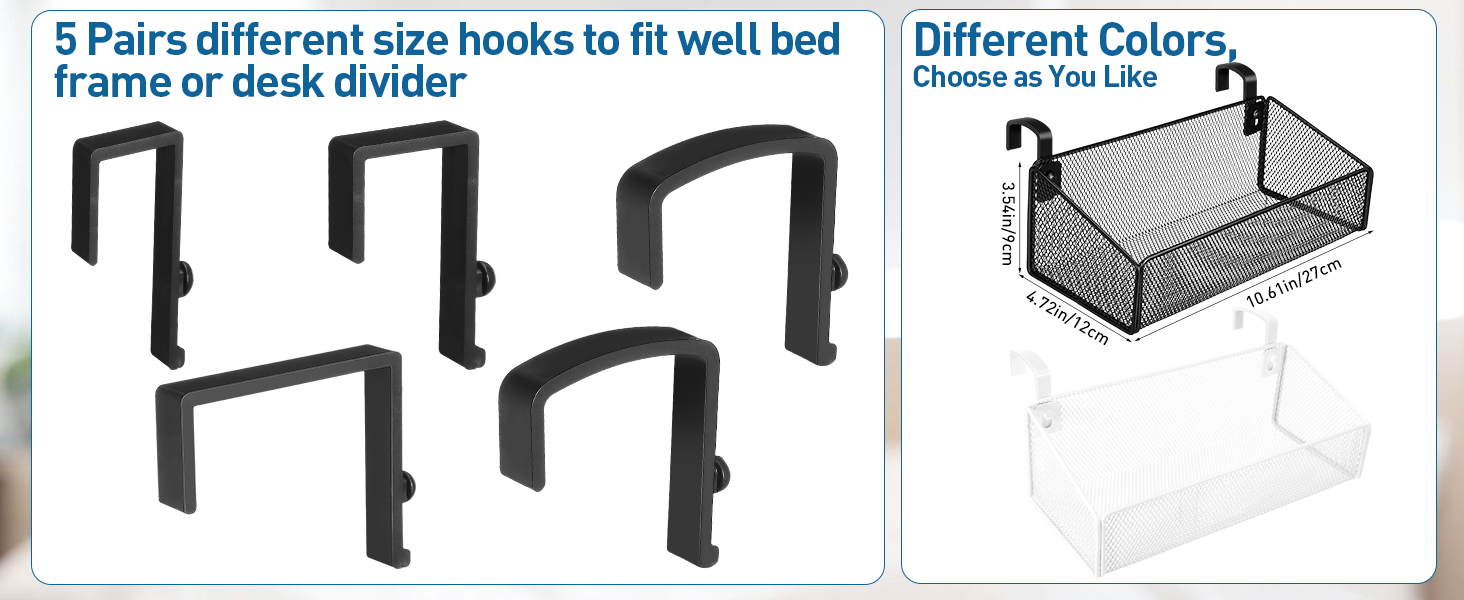 5 Pairs different size hooks to fit well bed frame or desk divider