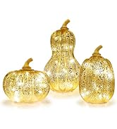 NEEDOMO Fall Decorations for Home, Set of 3 Gold Glass Pumpkin with LED Lights Timer for Fall Tha...