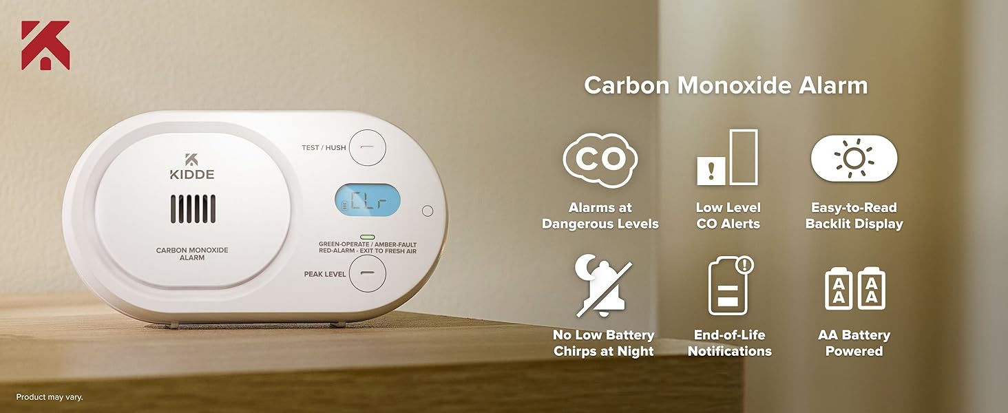 Kidde AA battery CO alarm with low-level alerts sitting on table, features icons overlay, desktop