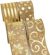 Ribbli 4 Rolls Christmas Wired Ribbon,Burlap Ribbon with Gold Pattern,Christmas Ribbon 2.5 Inch T...