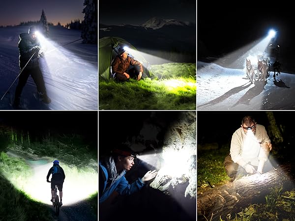 Grid of six nighttime photographs showing bright flashlight beams in outdoor settings, demonstrating lighting effects in dark environments.