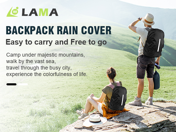 LAMA backpack rain cover. Image shows hikers on mountain overlook. Text: 'Easy to carry and Free to go'.