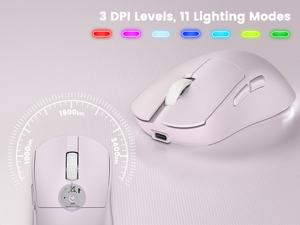 wireless mouse graphic showing 3 DPI settings and 11 RGB lighting modes with side buttons.