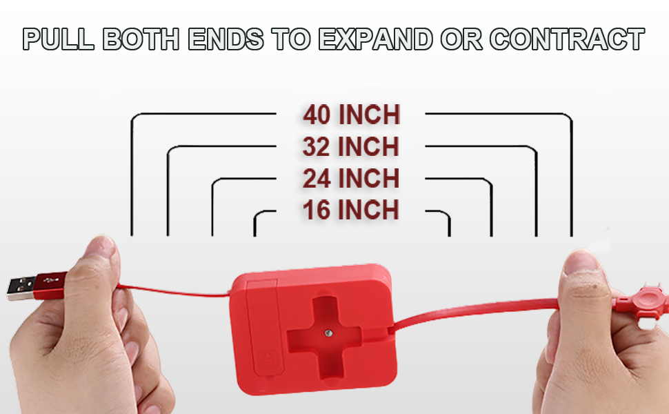 Pulling the two ends of the product can extend the length of the charging cable to 16 to 40 inches.