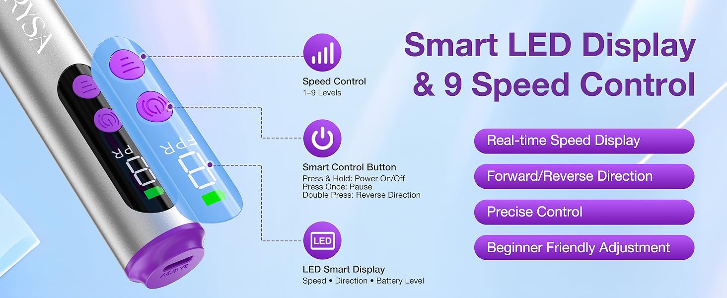 Cordless Electric Nail Drill Smart LED Display 9 Speed Control Reverse Direction Button Easy-to-use