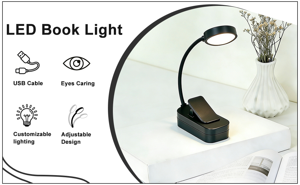 LED Book Light Eyes Caring USB Cable Customizable lighting Adjustable Design