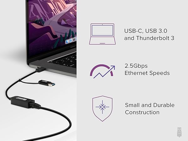 2.5Gbps USB-C Ethernet Adapter with USB 3.0, Thunderbolt 3, and 100W PD in a compact design