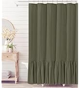 Felisa Olive Green Farmhouse Shower Curtain with A Ruffle Hem, Linen Blend Shower Curtain for Bat...