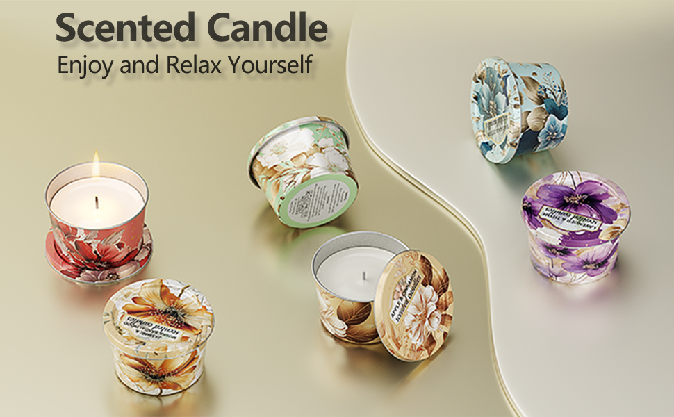 Text reads 'Scented Candle' and 'Enjoy and Relax Yourself'. Collection of decorative floral-themed candle holders in various colors with ornate designs.