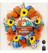 Knomeko Fall Wreath for Front Door with Hello Pumpkin Sign 20Inch | Mesh Bow Pumpkin Wreath with ...