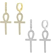 GEMOSA 2 Pairs Cross Hoop Earrings Dangle 14K Gold Silver Plated Dangling Iced Out Small 5A+ Cubi...
