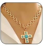 Lcineic Western Chunky Gold Cross Turquoise Necklaces for Women Funky Statement Hammered Crosses ...